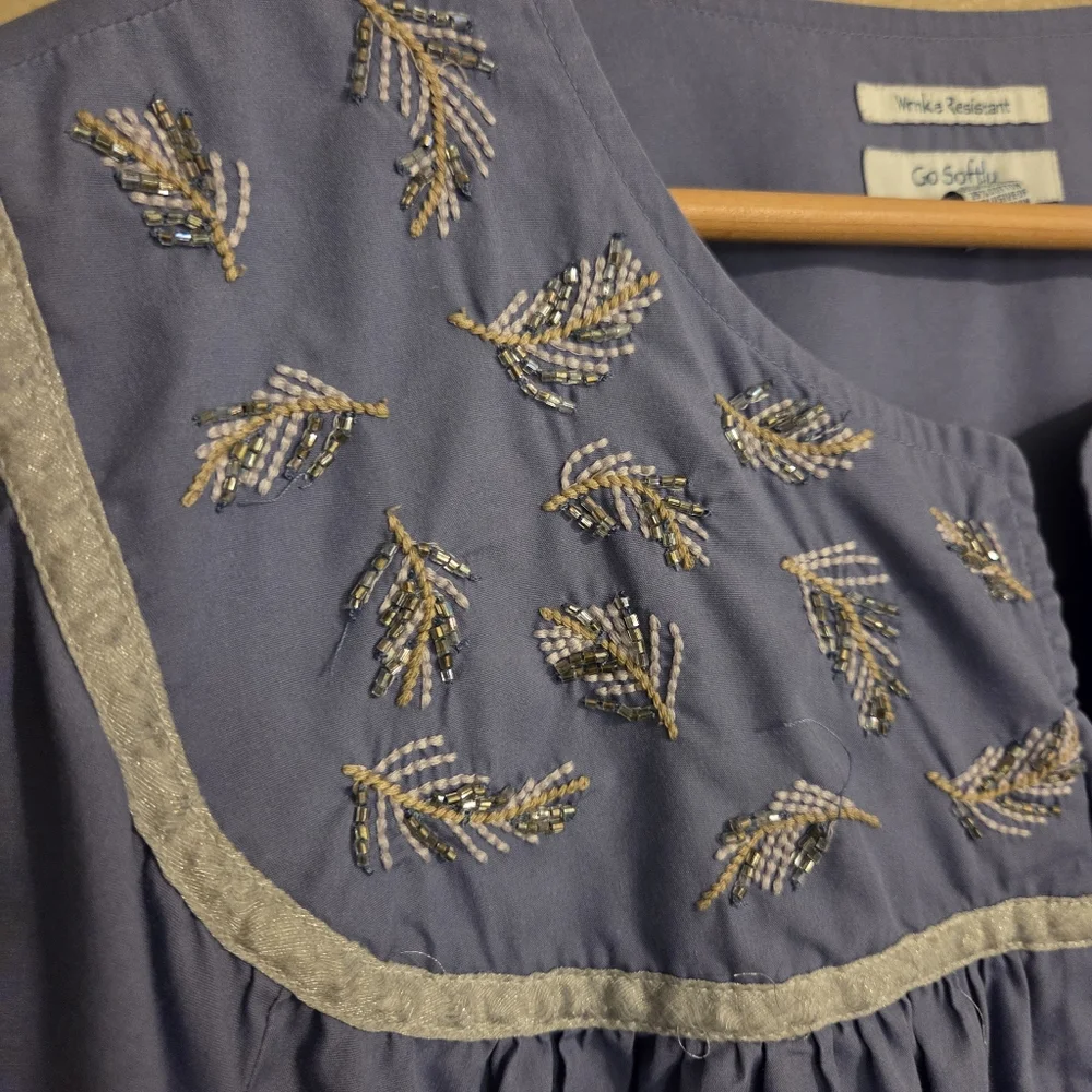 GO SOFTLY PATIO Perwinkle Bead Embroidered‎ Full Zip Patio/House Dress MuuMuu XL